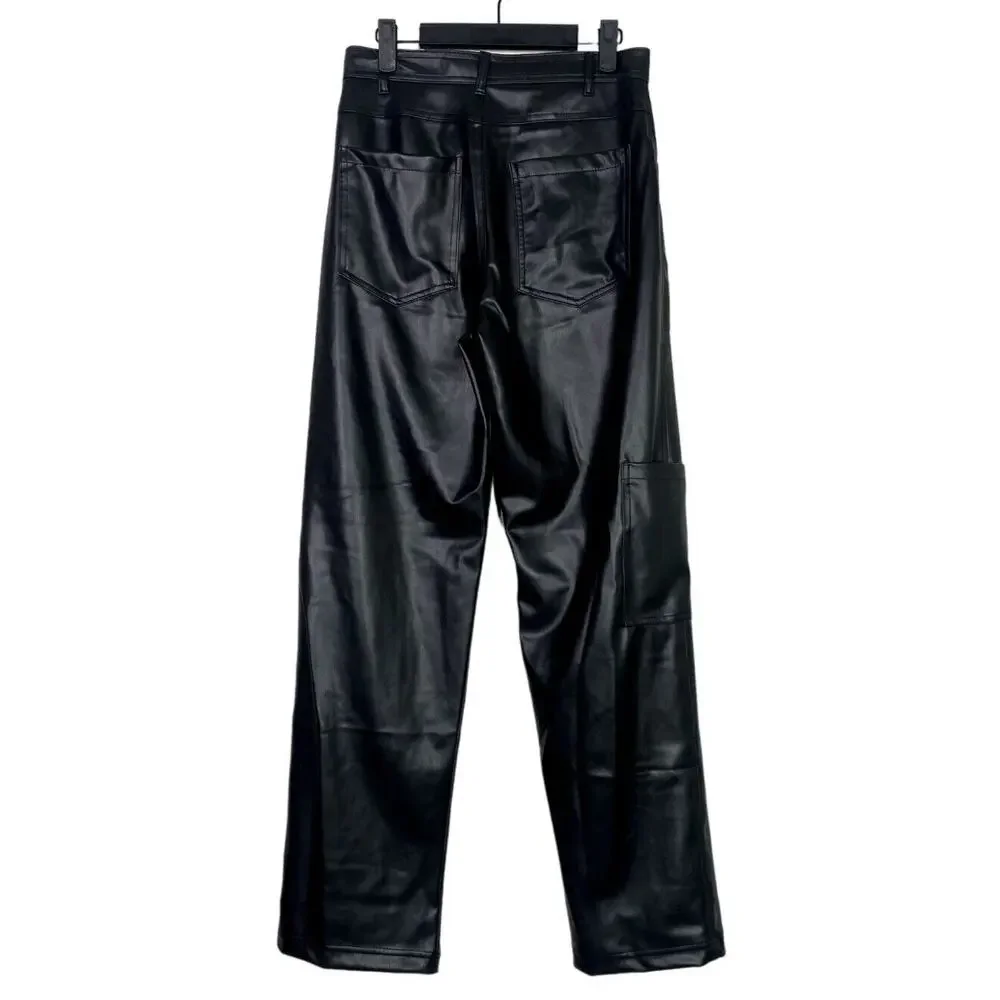 ZARA Wide Leg High Rise Faux Leather Edgy Moto Biker Full Length Pants M Black - Picture 5 of 16